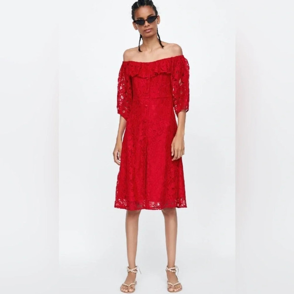 Zara Off Shoulder red lace midi dress size small - Picture 1 of 9